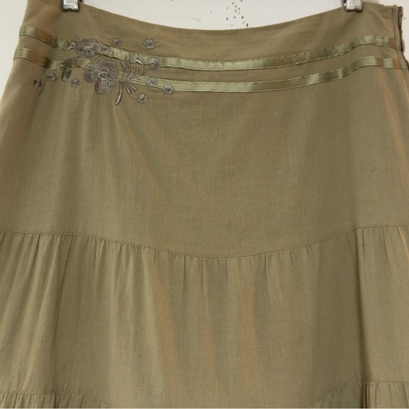 LARDINI Laura Lardini Embroider Olive Green Midi‎ Poplin Tiered Broomstick Skirt - Picture 3 of 9